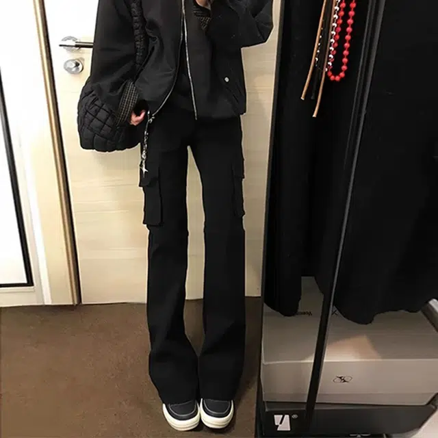 唐启 美式高街春秋季裤子修身窄版直筒微喇裤工装牛仔裤 男女同款