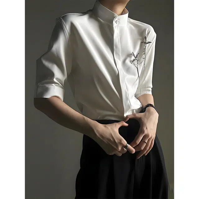 唐启 新中式轻熟风立领高级感修身短袖衬衫 男女同款