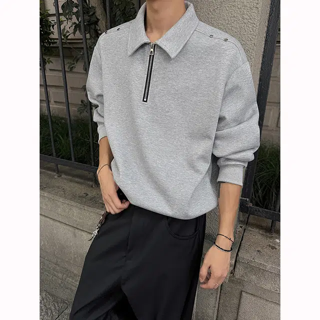 唐启 美式重磅半拉链卫衣潮牌痞帅高街小众设计感金属铆钉装饰翻领外套上衣 男女同款