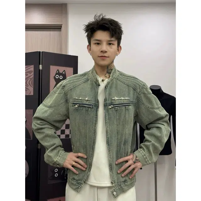 唐启 水洗做旧短款工装夹克春秋痞帅高级感美式复古垫肩牛仔外套 男女同款