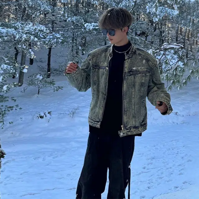 唐启 美式短款牛仔外套高级感痞帅发型师潮牌男装垫肩立领夹克 男女同款