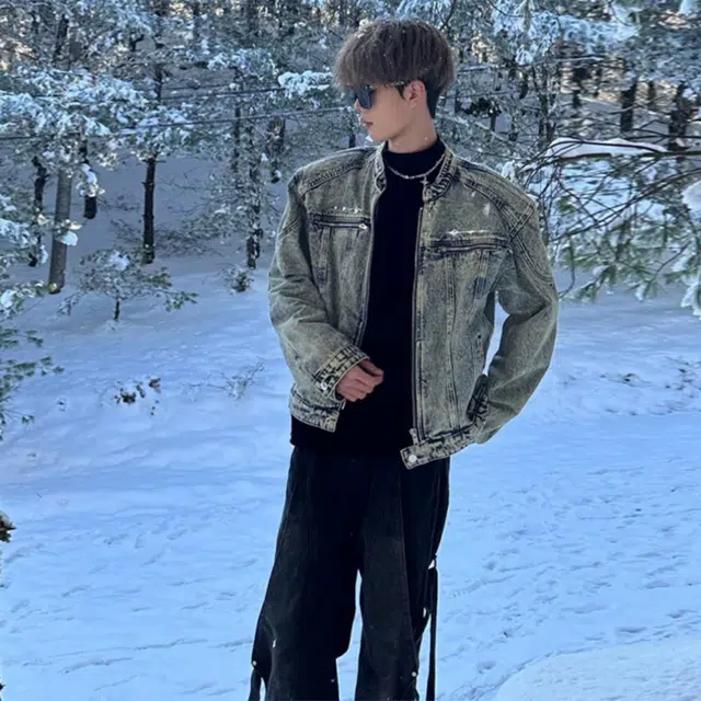 唐启 美式短款牛仔外套高级感痞帅发型师潮牌男装垫肩立领夹克 男女同款