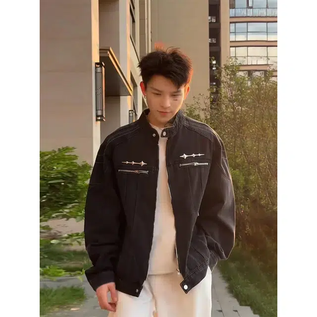 唐启 水洗做旧短款工装夹克春秋痞帅高级感美式复古垫肩牛仔外套 男女同款