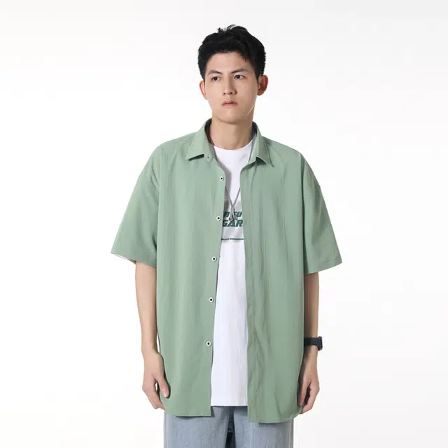 【dme】 潮牌港风纯色极简基础款宽松舒适透气休闲百搭慵懒感落肩翻领纽扣短袖衬衫 男女同款