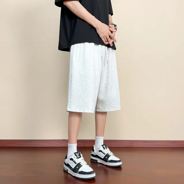 【dme】 潮流时尚纯色极简风基础款华棉牛奶丝针织柔软宽松舒适透气百搭松紧腰系带凉爽五分阔腿休闲短裤 男女同款