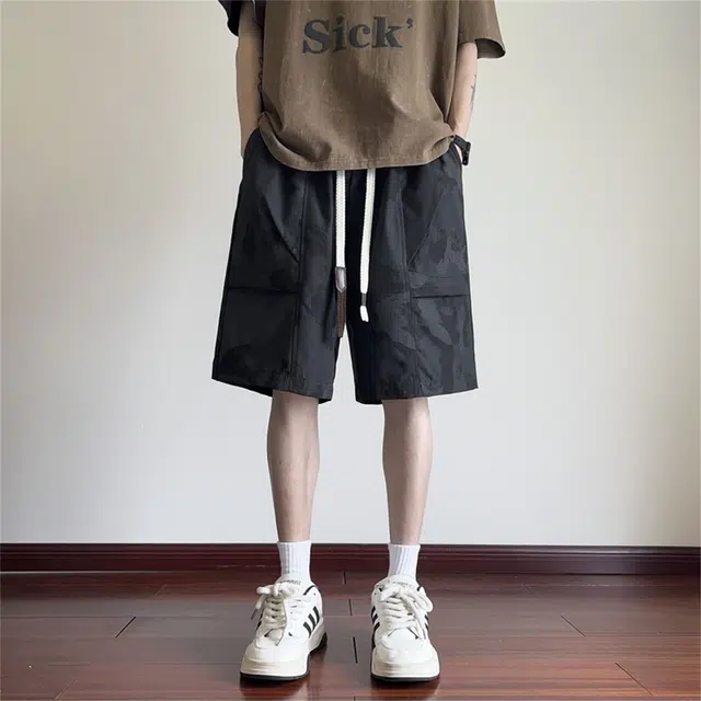 【dme】 美式高街潮流迷彩极简工装梭织顺滑宽松舒适百搭松紧腰系带凉爽阔腿五分休闲短裤 男女同款