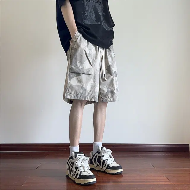 【dme】 美式高街潮流迷彩极简工装梭织顺滑宽松舒适百搭松紧腰系带凉爽阔腿五分休闲短裤 男女同款