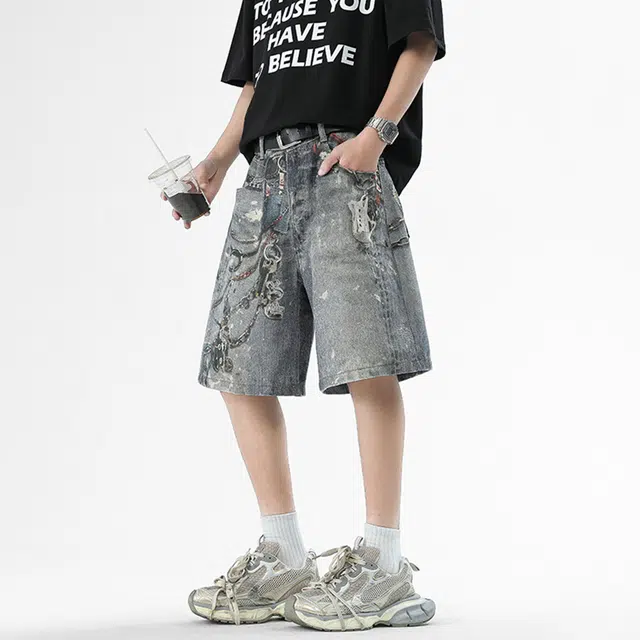 【dme】 美式潮牌高品质油漆涂鸦渲染工装风高质感耐洗耐磨休闲百搭宽松舒适凉爽阔腿五分牛仔短裤 男女同款