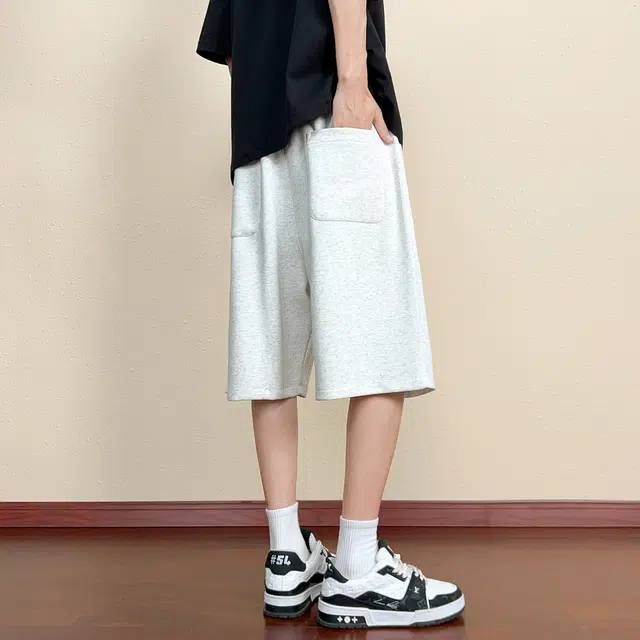 【dme】 潮流时尚纯色极简风基础款华棉牛奶丝针织柔软宽松舒适透气百搭松紧腰系带凉爽五分阔腿休闲短裤 男女同款