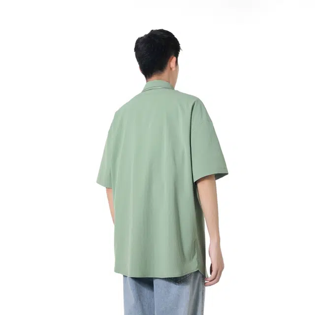 【dme】 潮牌港风纯色极简基础款宽松舒适透气休闲百搭慵懒感落肩翻领纽扣短袖衬衫 男女同款