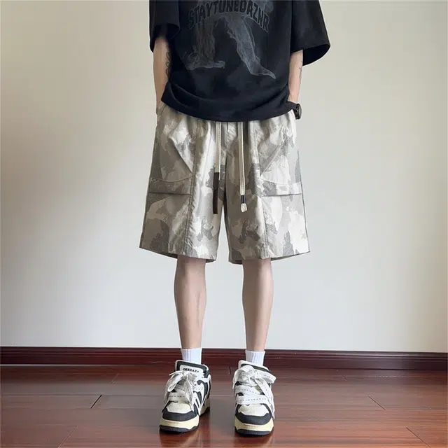 【dme】 美式高街潮流迷彩极简工装梭织顺滑宽松舒适百搭松紧腰系带凉爽阔腿五分休闲短裤 男女同款