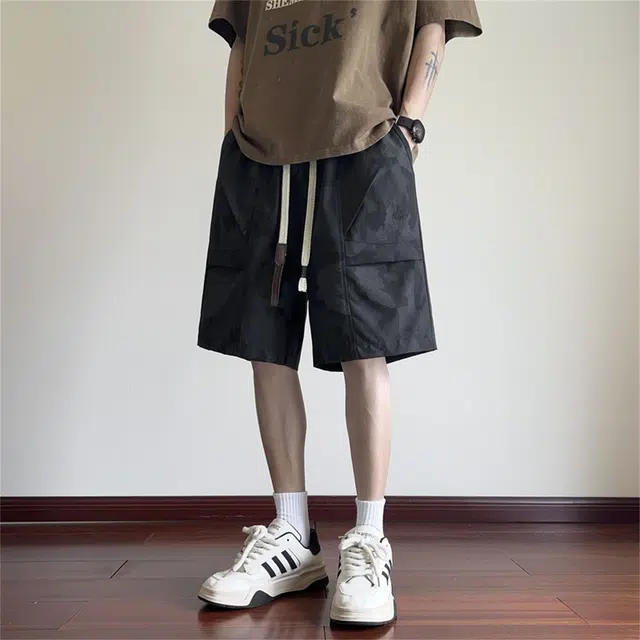 【dme】 美式高街潮流迷彩极简工装梭织顺滑宽松舒适百搭松紧腰系带凉爽阔腿五分休闲短裤 男女同款