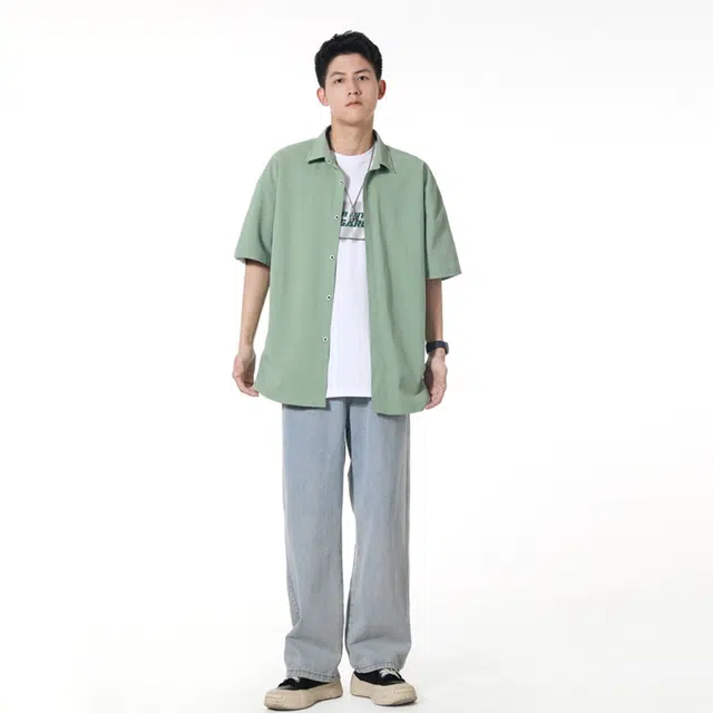 【dme】 潮牌港风纯色极简基础款宽松舒适透气休闲百搭慵懒感落肩翻领纽扣短袖衬衫 男女同款