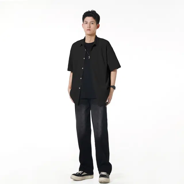 【dme】 潮牌港风纯色极简基础款宽松舒适透气休闲百搭慵懒感落肩翻领纽扣短袖衬衫 男女同款