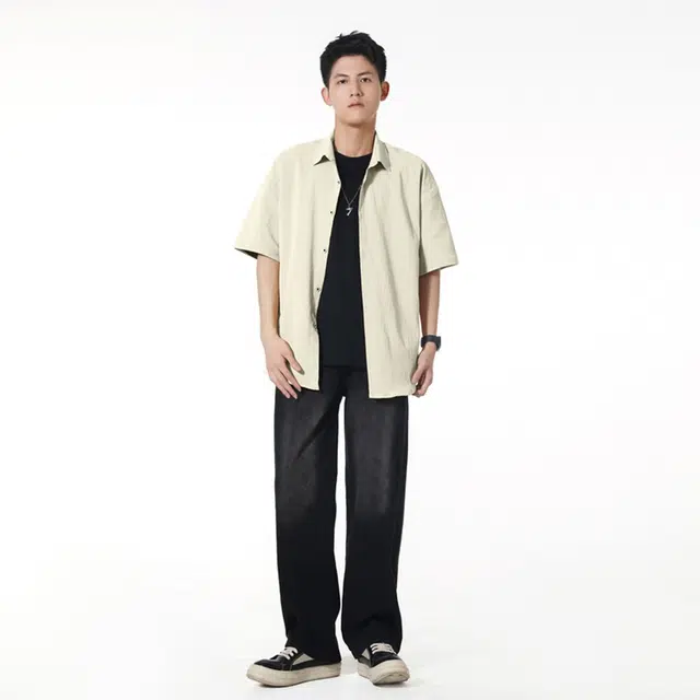 【dme】 潮牌港风纯色极简基础款宽松舒适透气休闲百搭慵懒感落肩翻领纽扣短袖衬衫 男女同款