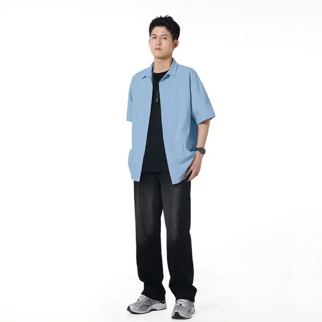 【dme】 潮牌港风纯色极简基础款宽松舒适透气休闲百搭慵懒感落肩翻领纽扣短袖衬衫 男女同款