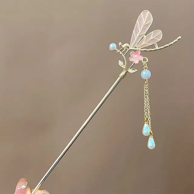 【云端之上】 指尖瑰宝 中式简约小众蜻蜓花朵幻彩古风精致优雅灵动流苏一步一摇簪子盘发汉服头饰 合金/滴油 发簪 女款