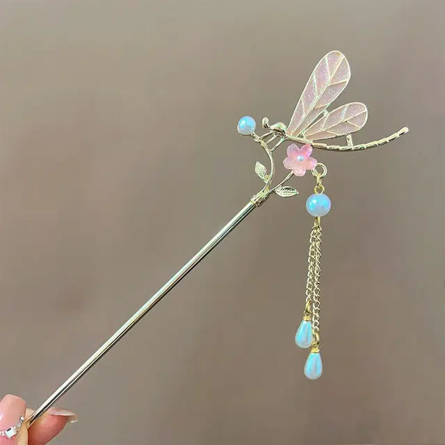 【云端之上】 指尖瑰宝 中式简约小众蜻蜓花朵幻彩古风精致优雅灵动流苏一步一摇簪子盘发汉服头饰 合金/滴油 发簪 女款