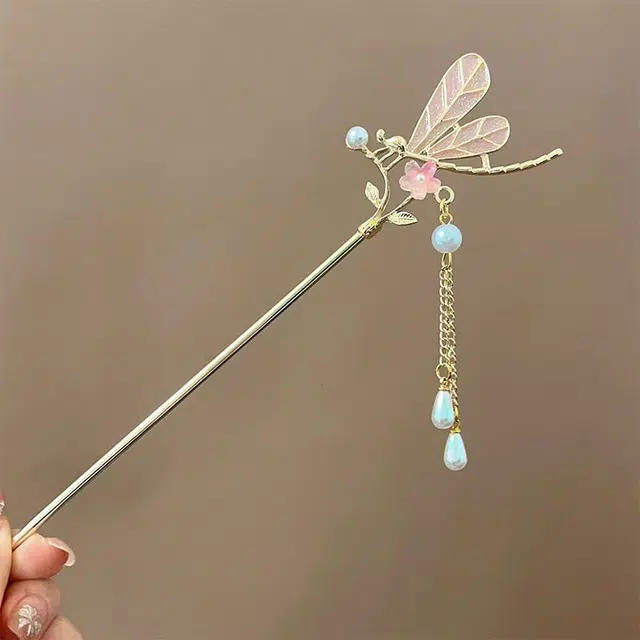 【云端之上】 指尖瑰宝 中式简约小众蜻蜓花朵幻彩古风精致优雅灵动流苏一步一摇簪子盘发汉服头饰 合金/滴油 发簪 女款