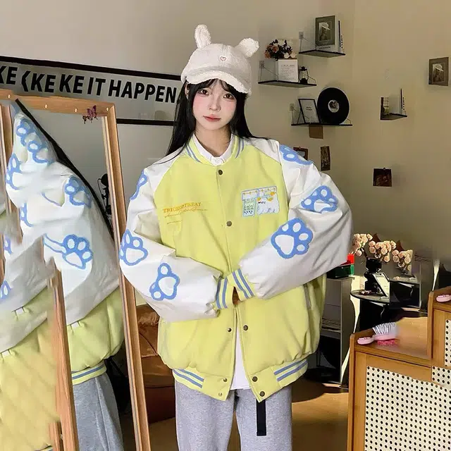 美式高街简约通勤字母印花设计撞色拼接休闲个性百搭复古风宽松长袖 小众设计感与舒适并存棒球服 男女同款