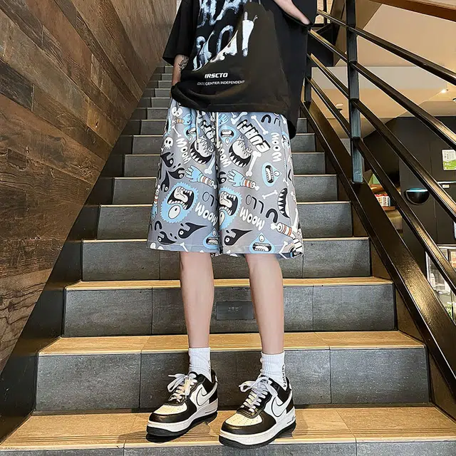费尔岛上的猫 美式潮流冰丝凉感百搭宽松沙滩五分裤休闲短裤 男女同款