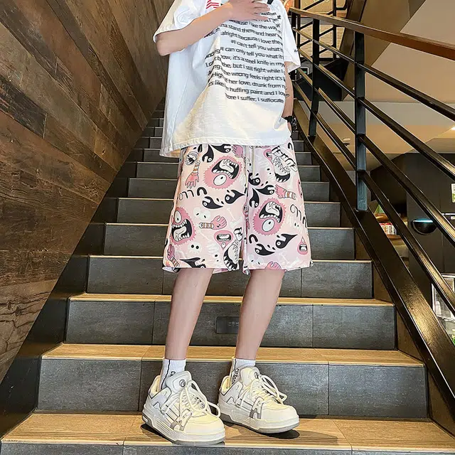 费尔岛上的猫 美式潮流冰丝凉感百搭宽松沙滩五分裤休闲短裤 男女同款