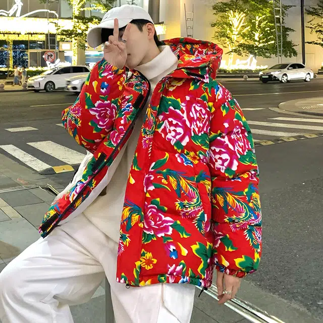 费尔岛上的猫 新中式国风东北大花满印多彩花棉袄简约基础款下摆抽绳松紧设计休闲日常防风保暖加厚舒适百搭宽松落肩连帽面包棉服 男女同款