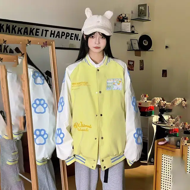 美式高街简约通勤字母印花设计撞色拼接休闲个性百搭复古风宽松长袖 小众设计感与舒适并存棒球服 男女同款