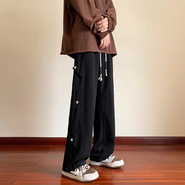 寻星记 美式高街风透气薄款宽松直筒阔腿垂感微喇排扣工装长裤休闲裤 男女同款