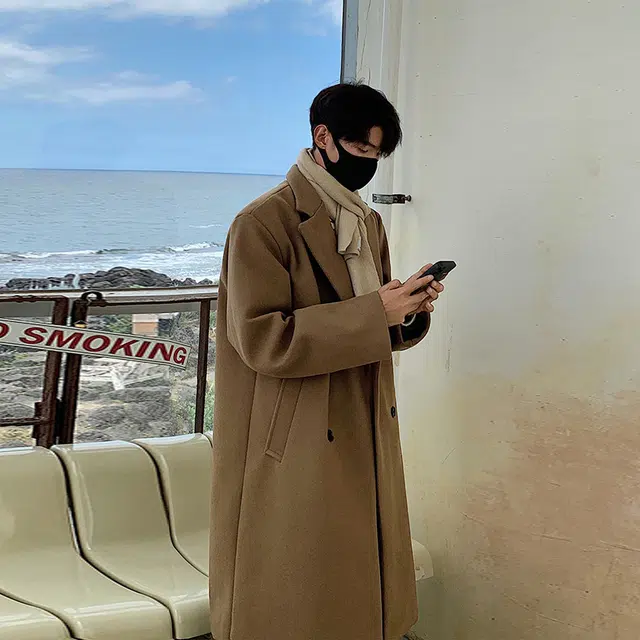 费尔岛上的猫 潮流厚实保暖御寒慵懒风复古高街韩版纯色中长款保暖简约百搭时尚宽松休闲翻领落肩开衫双排扣加厚长袖毛呢大衣 男女同款 黑色