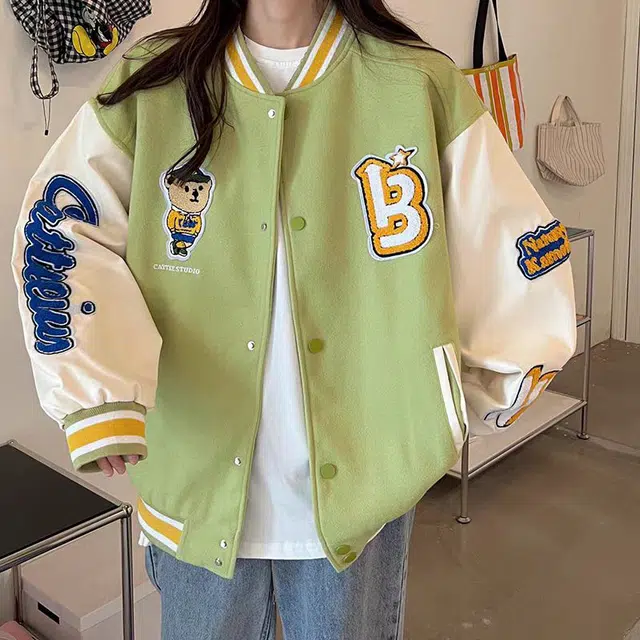 寻星记  美式潮牌高街重磅撞色趣味小熊字母刺绣拼接外套街头痞帅潮流舒适百搭宽松休闲领落肩垂感直筒开衫棒球服 男女同款