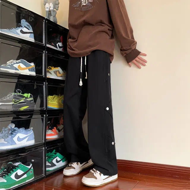 寻星记 美式高街风透气薄款宽松直筒阔腿垂感微喇排扣工装长裤休闲裤 男女同款