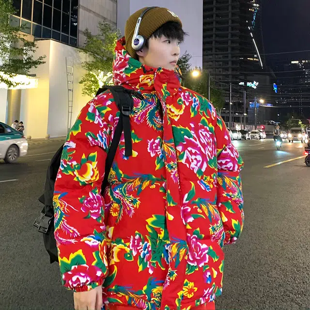 费尔岛上的猫 新中式国风东北大花满印多彩花棉袄简约基础款下摆抽绳松紧设计休闲日常防风保暖加厚舒适百搭宽松落肩连帽面包棉服 男女同款