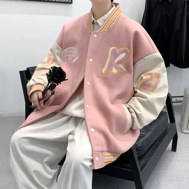 费尔岛上的猫  美式高街个性潮流字母刺绣拼接百搭宽松学院风外套棒球服 男女同款