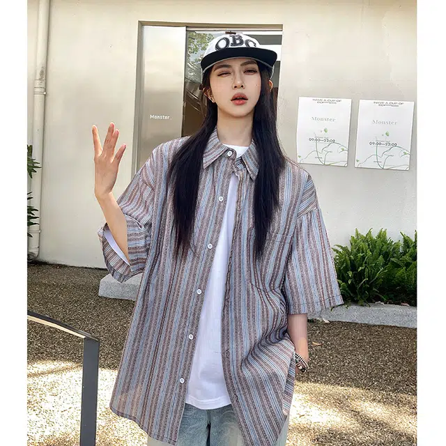 玄唐 日系条纹撞色短袖干净穿搭休闲衬衣外套衬衫 女款