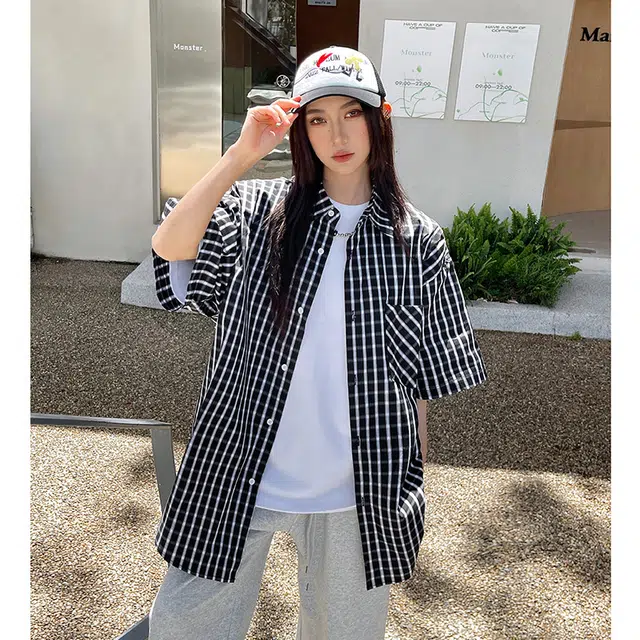 玄唐 美式复古格子刺绣学院风宽松百搭上衣短袖衬衫 女款