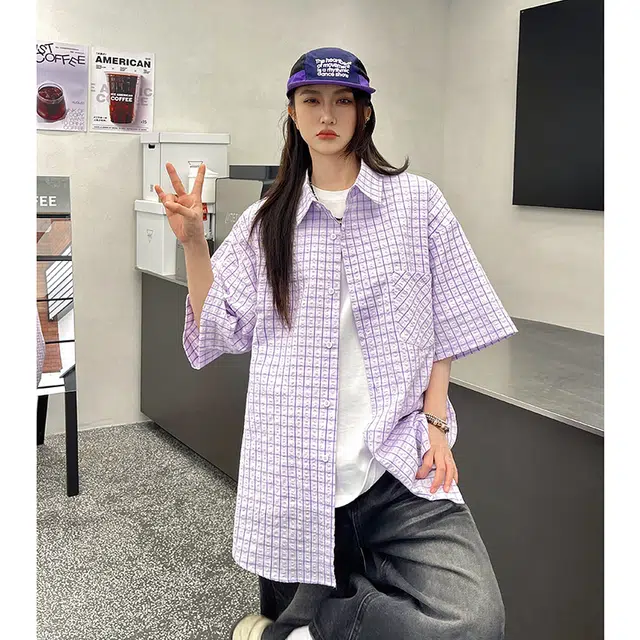 玄唐 穿搭格子宽松慵懒风衬衣外套薄款上衣短袖衬衫 女款