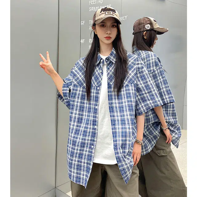 玄唐 日系格纹格子美式宽松休闲短袖衬衫 女款