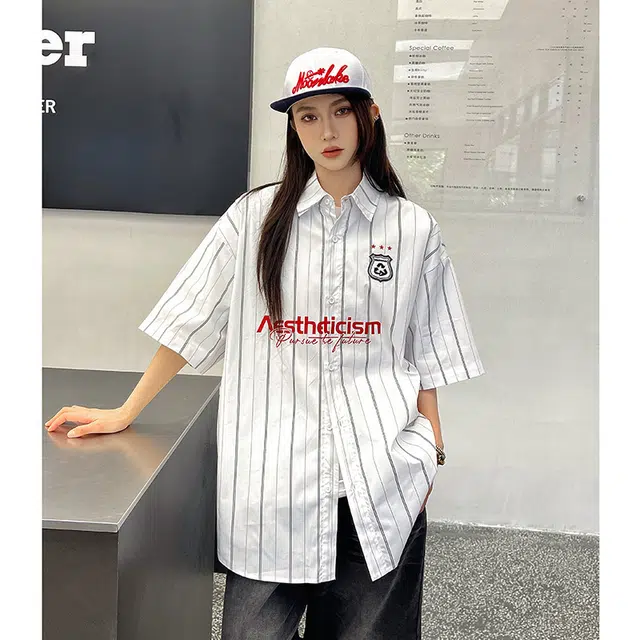 玄唐 美式学院风条纹字母帅气百搭翻领上衣短袖衬衫 女款