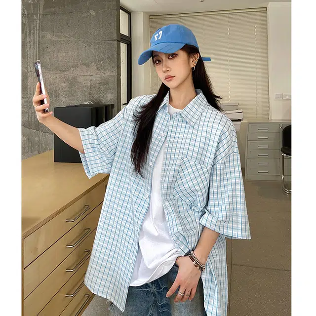 玄唐 穿搭格子宽松慵懒风衬衣外套薄款上衣短袖衬衫 女款