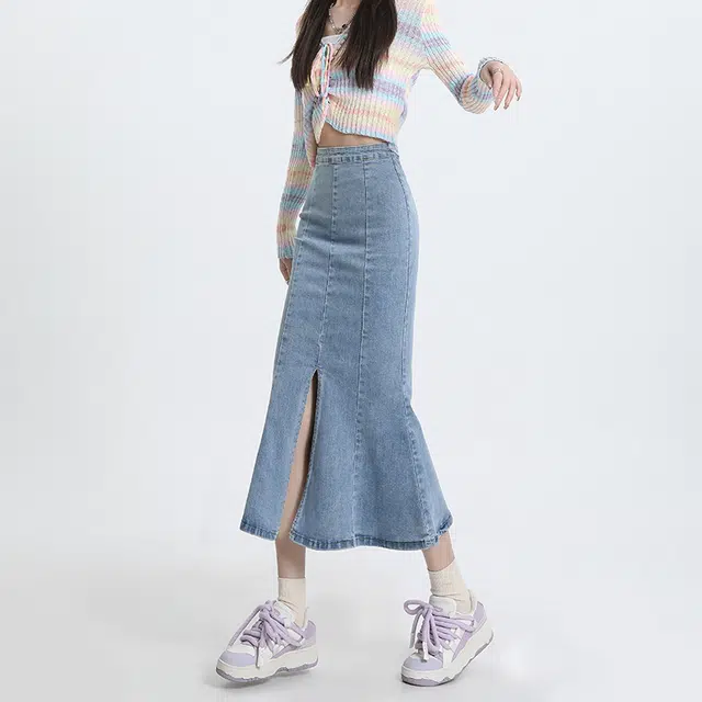 玄唐 夏季半身裙设计感弹力开叉修身包臀鱼尾中长牛仔长裙 女款