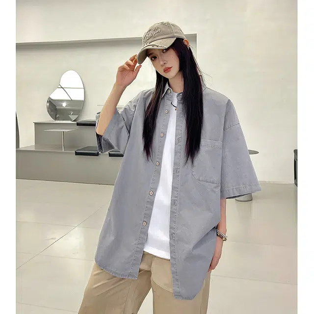 玄唐 复古港风宽松休闲简约小众搭配短袖衬衫 女款