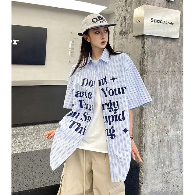 玄唐 条纹印花美式潮牌高级感休闲短袖衬衫 女款
