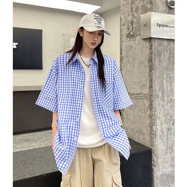 玄唐 美式复古格子百搭宽松上衣短袖衬衫 女款