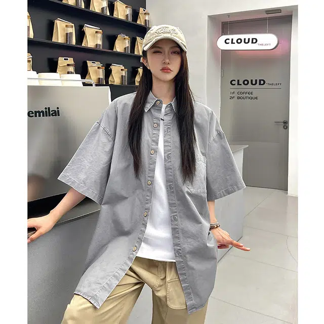 玄唐 复古港风宽松休闲简约小众搭配短袖衬衫 女款