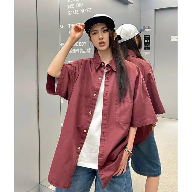 玄唐 复古港风宽松休闲简约小众搭配短袖衬衫 女款