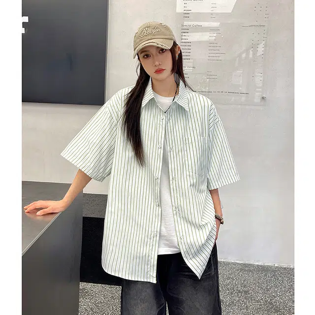 玄唐 条纹高级感复古衬衣短袖衬衫 女款