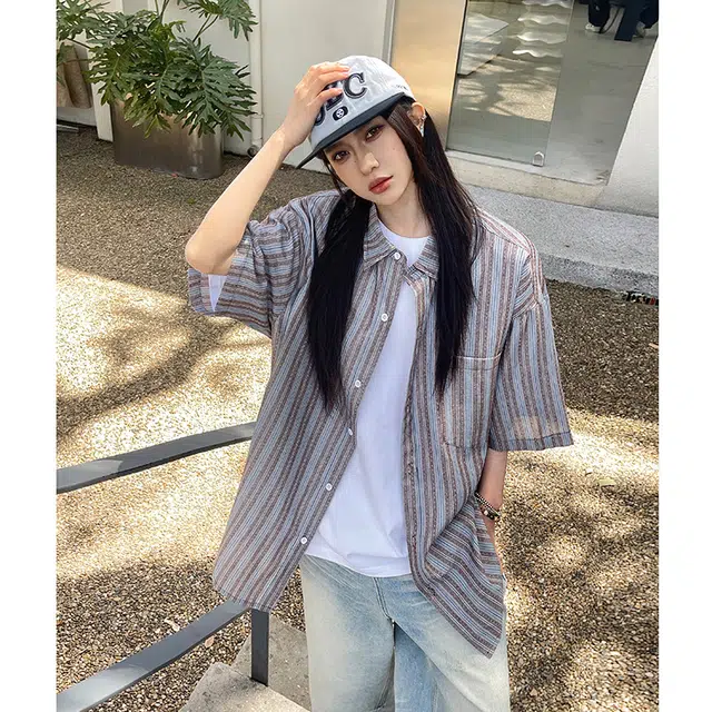 玄唐 日系条纹撞色短袖干净穿搭休闲衬衣外套衬衫 女款