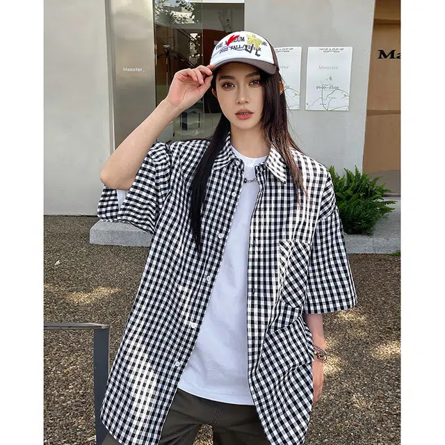 玄唐 美式复古格子百搭宽松上衣短袖衬衫 女款