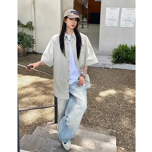 玄唐 复古港风宽松休闲简约小众搭配短袖衬衫 女款